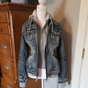 Distressed Denim Medium Wash Jacket With Hoodie, Worn Once